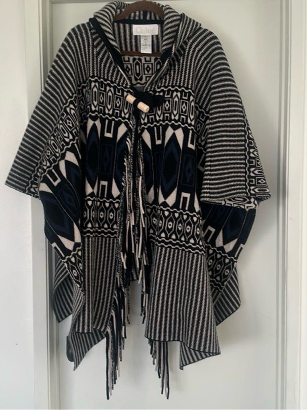 Chloé Black White Navy Intarsia-knit wool/cashmere-blend cape Size Small Rare